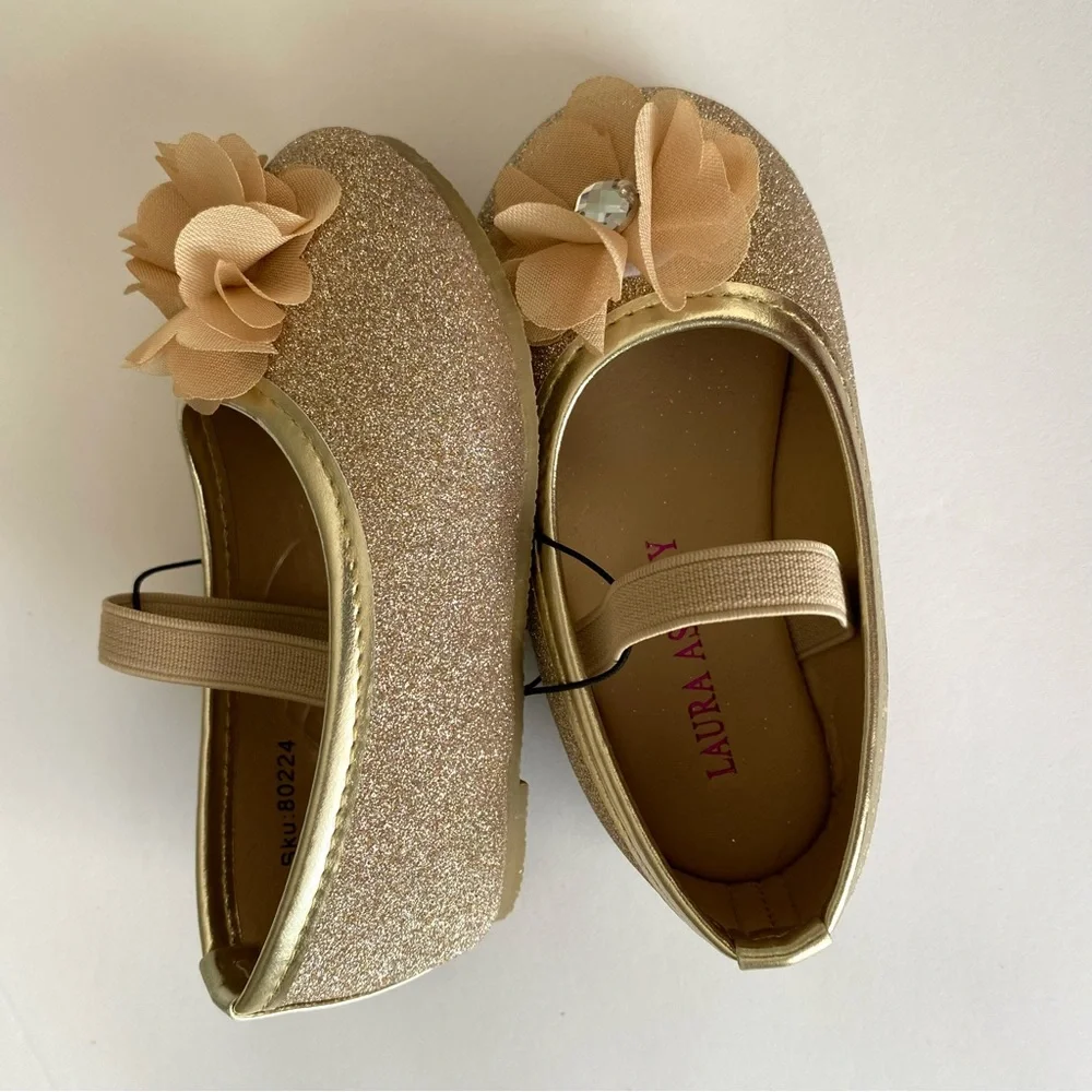 Laura Ashley Flower Dress Shoe Gold Infant 9-12 Months Sparkly Glitter Dressy